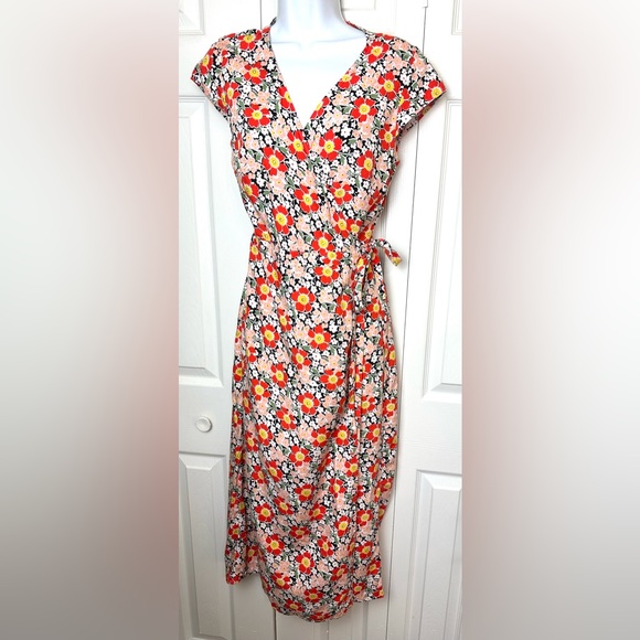 New J.CREW Floral Wrap Midi Dress Cap Sleeve Colorful Blue Orange Pink Green - Picture 2 of 13